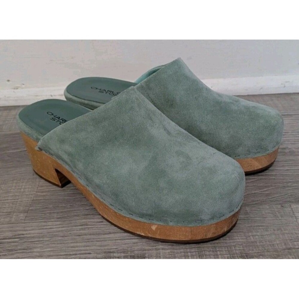 Charlotte Stone Martino Suede Leather Blue Clogs Wood Platform Mules Womens Sz 8
